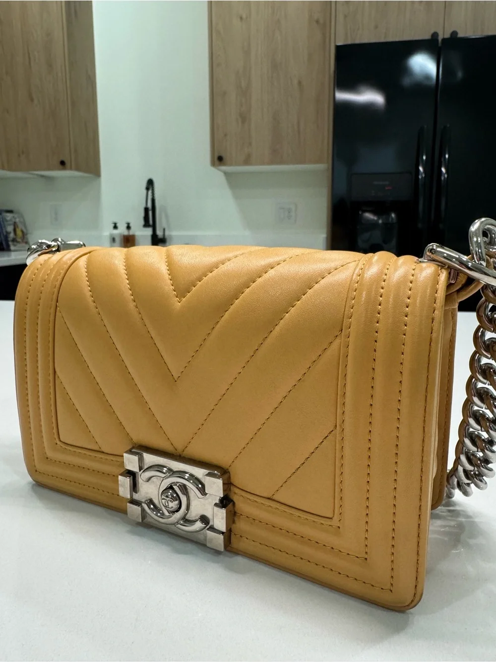 CHANEL Yellow Quilted Chevron Boy Crossbody with Silver Hardware